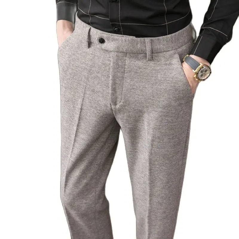 Winter Grey Men\'s Woolen Trousers, Fashion Business Pants, Khaki Slim Men Pantalon Autumn New Male Slacks