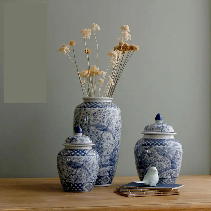 Blue And White Porcelain Ginger jar Chinese Style Porcelain Vase Plum Blossom Jingdezhen Living Room Decoration temple jar