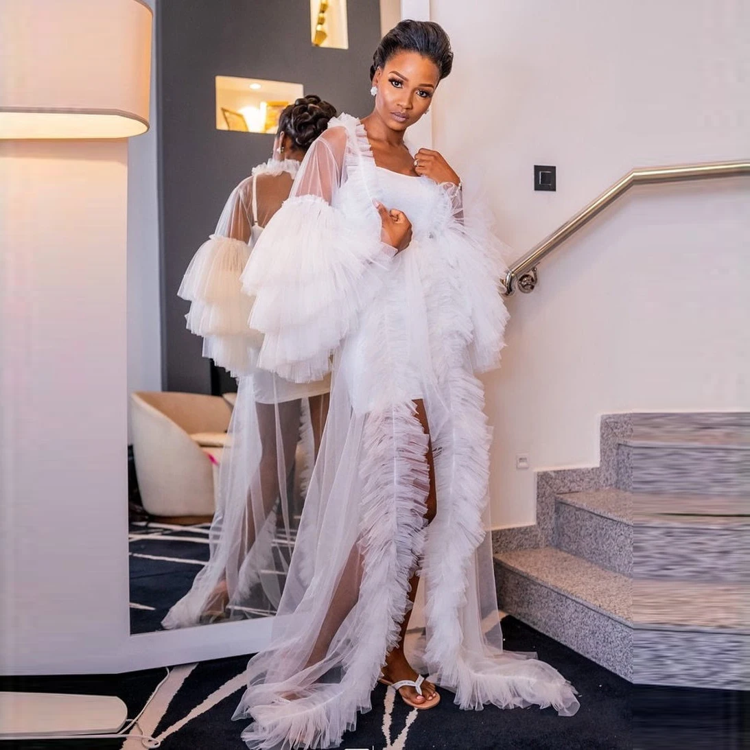 

Elegant Bridal White Tulle Robes Sheer See Through Ruffled Tulle Dressing Gown Custom Made Bridal Tulle Maternity Dress