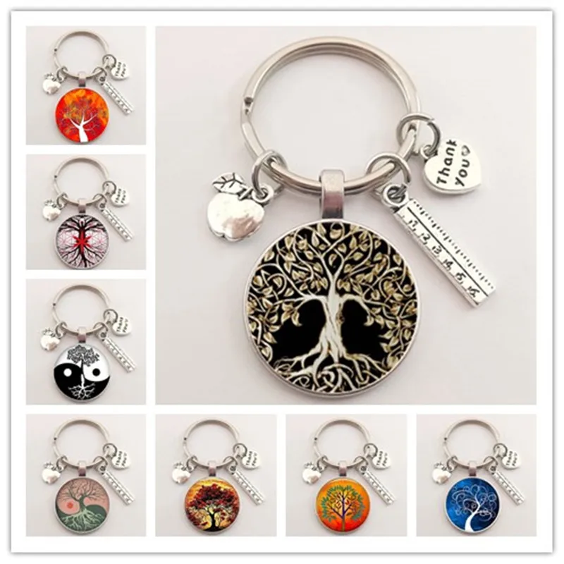 1 piece thank you teacher keychain tree of life glass charm keychain Thanksgiving teacher school party gift souvenir keychain