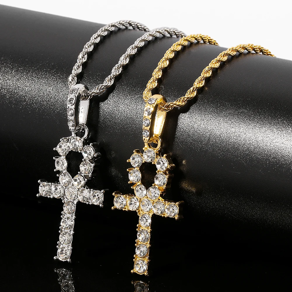 Ankh Cross Pendant Gold Silver Color Metal Ice Out CZ Egyptian Key of Life Pendant Necklace Men Women Hip Hop Jewelry