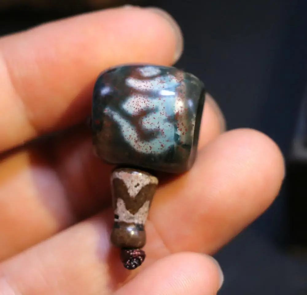 Big Treasure Talisman Tibetan old Agate Cinnabar Dots OM Words 2 Parts 3 Hole Live Head Dzi bead Timestown