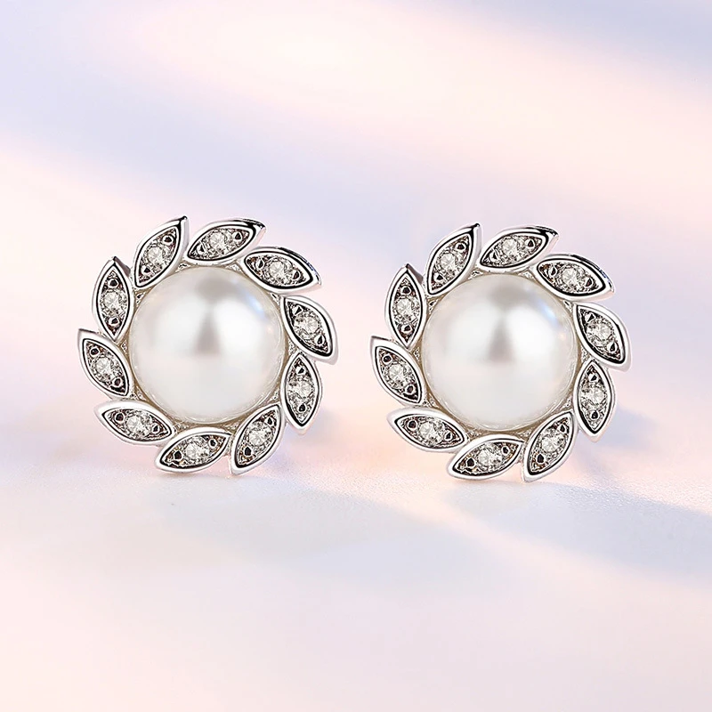 New Fashion Freshwater Pearl Windmill Stud Earrings 925 Sterling Silver Rhinestone Round Ear Stud Women Cuff Decoration Jewelry