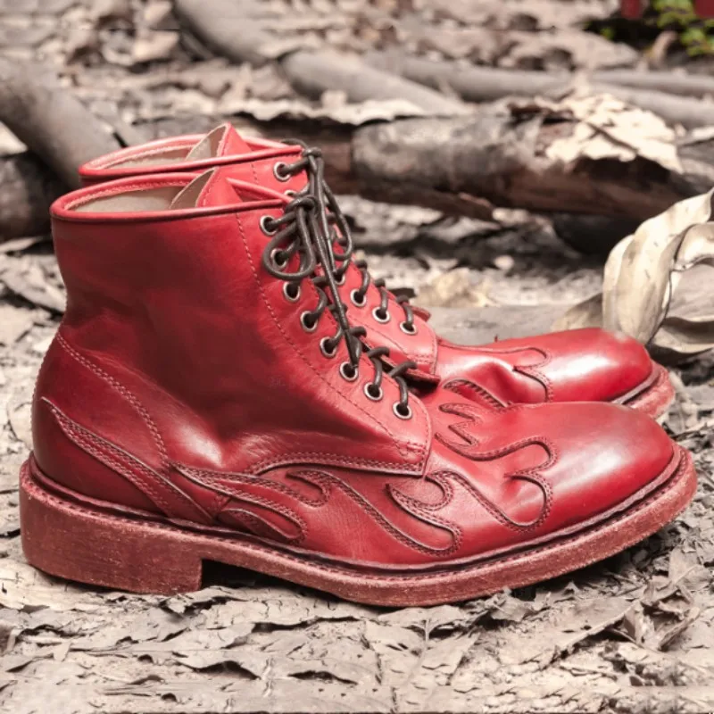 Italy Vintage 100% Genuine Leather Boots Men High Quality Handmade Cow Leather Designer Shoes Size 45 Red Cowboy Boots Men