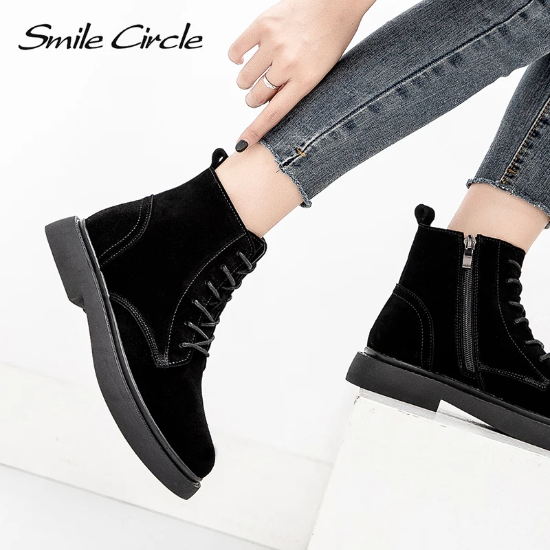 Smile Circle Autumn Ankle Boots Suede Leather women Flat platformShort Boots Ladies shoes winter boots