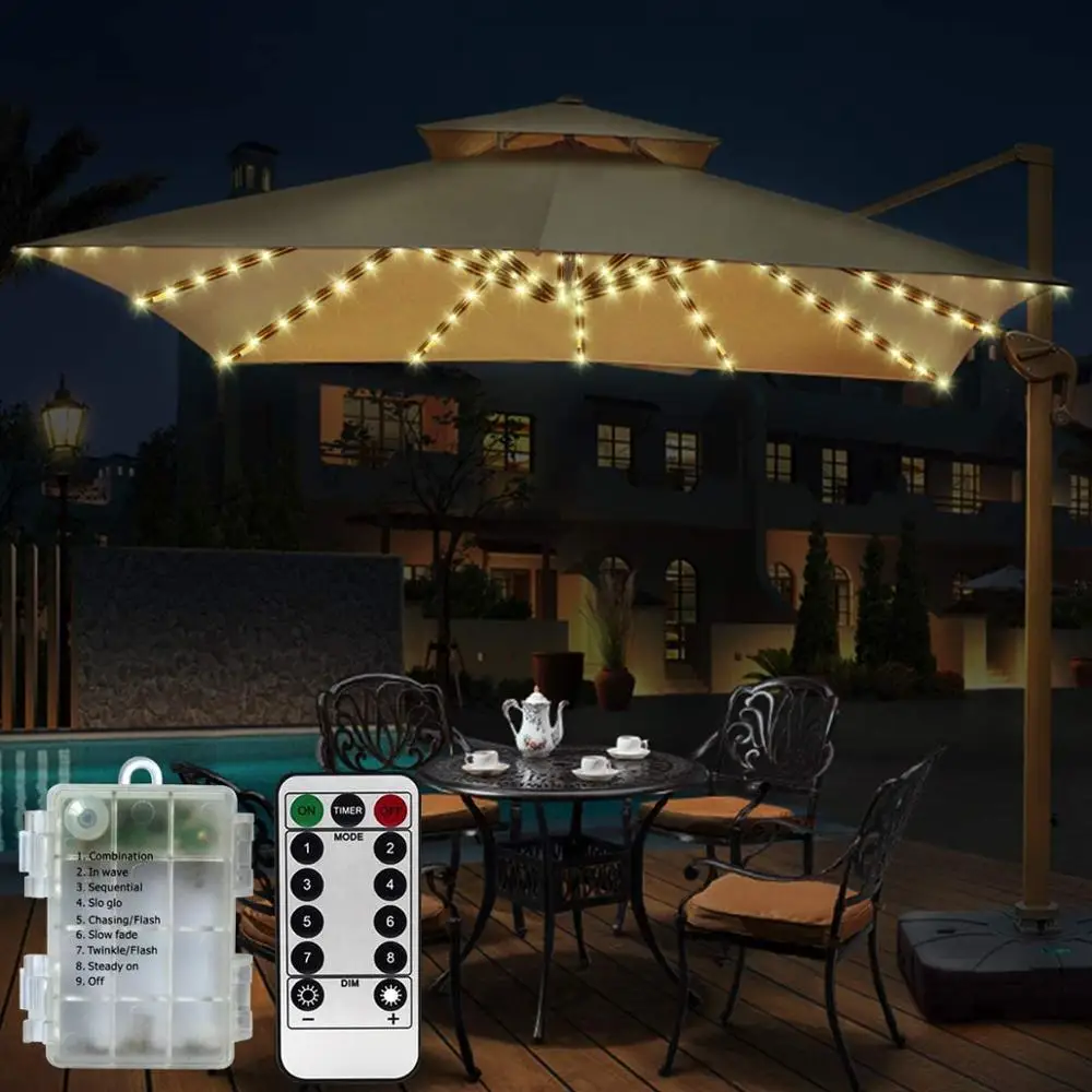 8 Modes 104LED Patio Umbrella Tent LED String Light Battery Operated Waterproof Outdoor Garden Backyard Holidays Party Light