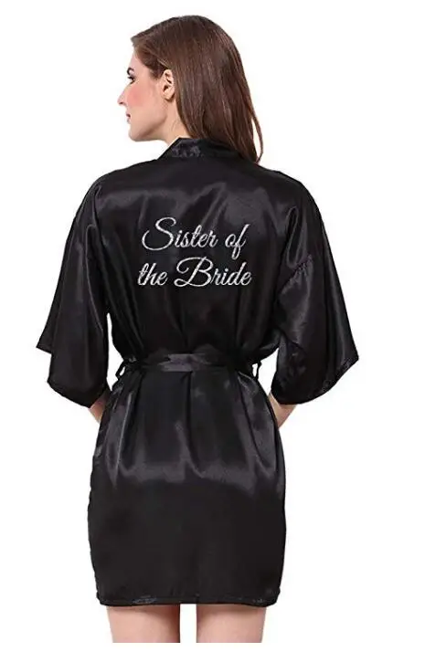 black robe silver grey writing sister of the bride satin robe bridal party getting ready robes wedding bridesmaid gift