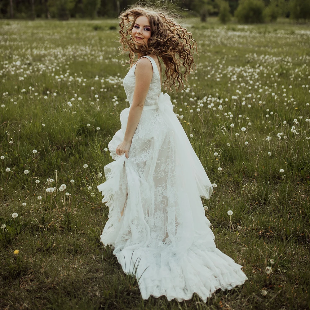 Robe de soirée de mariage, grande taille, dos ouvert, manches en dentelle, sur mesure, jardin romantique, rustique, ceinture à nœud, col en v, robe de plage