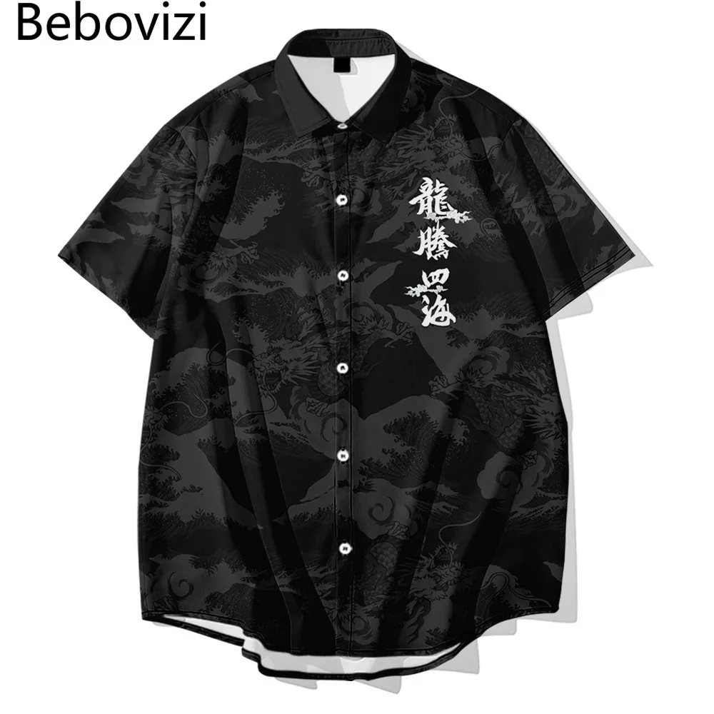 Chinese Style Dragon Shirt 2021 Japanese Men Hawaiian Shirt Fashion Summer Short Sleeve Harajuku Black Aloha Shirt Mens Clothing