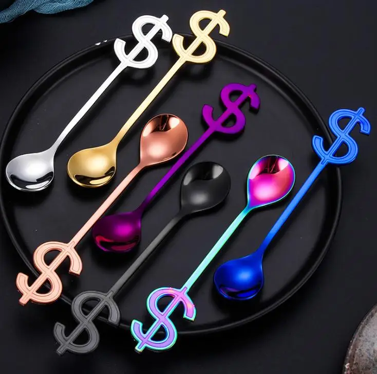 Colorful Dollar Spoons $ Sign Handle Spoon Food Grade 304 Stainless Steel Tea Coffee Spoon Ice Cream Drinking Tools SN2034