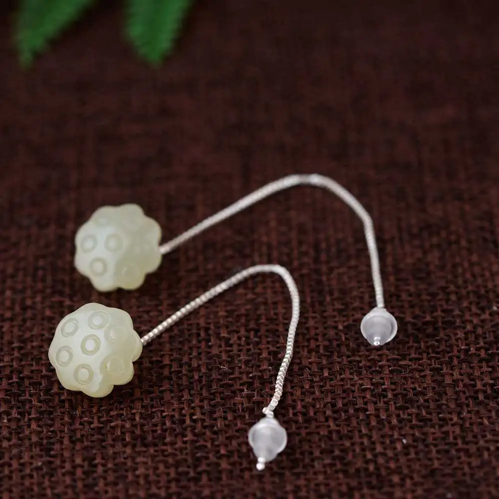 FNJ Natural Jade Lotus Earrings 925 Silver 100% Pure Original S925 Silver Sterling Long Drop Earring for Women Jewelry