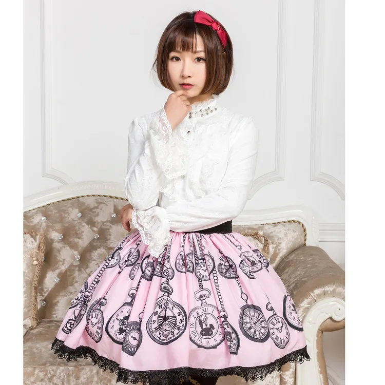 Summer Female Lolita Skirt Lace Sweet Pink Alice Clock Printing Women Pleated Soft Sister Princess Pink Lovely Plus Size Bottoms