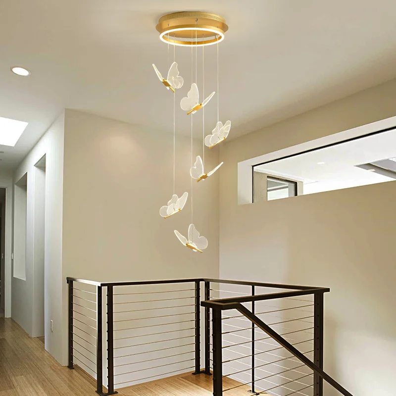 Spiral large chandelier Nordic living room ceiling light personality net red butterfly art lighting staircase restaurant light