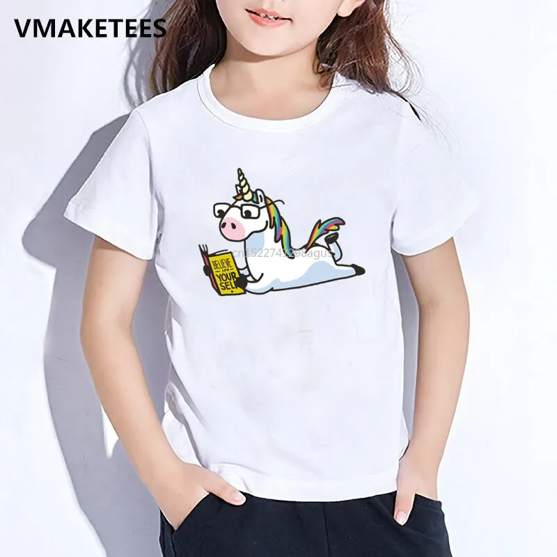 Kids Summer Girls & Boys T shirt Children Read the Book Rainbow Unicorn Cartoon Print T-shirt Funny Baby Clothes