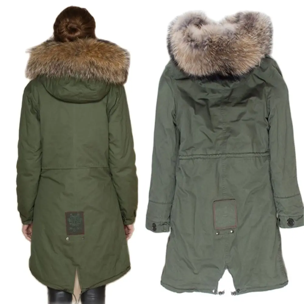 Army Green Long Parka With Red Cashere Lining Winter Warm Fashion Coat Italy Design Wear With Big Collar