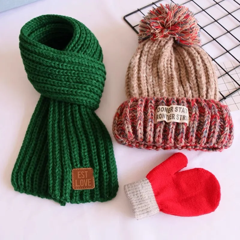 Wool three-piece set baby wool hat scarf autumn and winter boys and girls children baby cotton warm knit hat thick damp