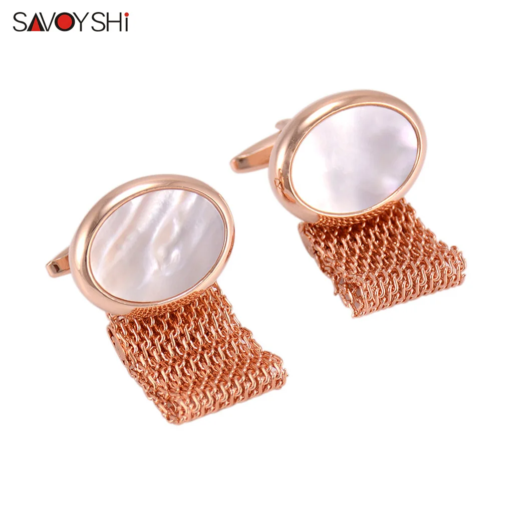 SAVOYSHI Luxury Rose Gold Color Chain Cufflinks for Mens Shirt Brand Shell Cuff links Wedding Best Man Gift Jewelry