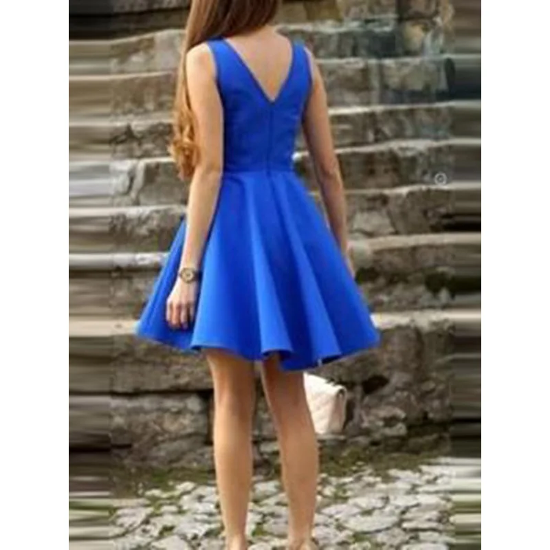 Simple Blue Dresses V-Neck Sleeveless Prom Gowns A-Line Satin Mini Party Dresses Graduation Gowns Vestidos De Fiesta