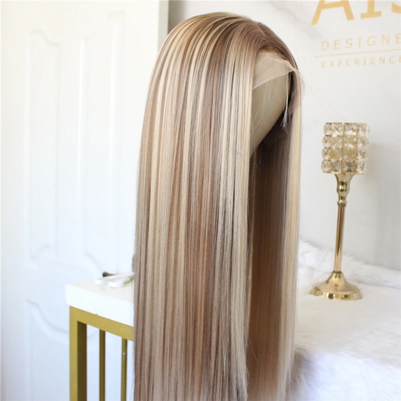 Highlight Brown Blonde Lace Front Wig Synthetic Hair Wig for Women Middle Part Long Straight Hair Heat Resistant Fiber Wig 22\