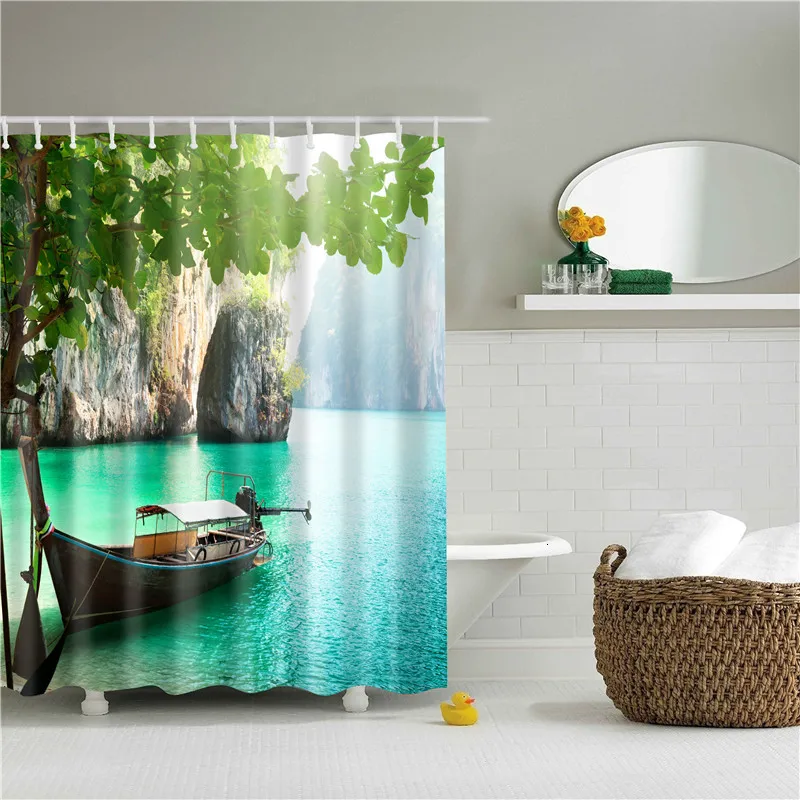 Landscape Print Shower Curtain Waterproof Polyester Fabric Bath Screen Home Decoration for The Bathroom WIth Hooks 180 X 200cm