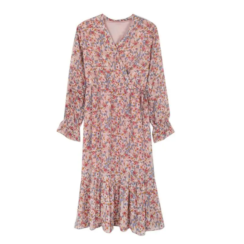 

Summer Fashion Sweet High Street V-neck Floral Chiffon Dress New Mid-length High Waist And Thin Flowers Harajuku Women's Dress
