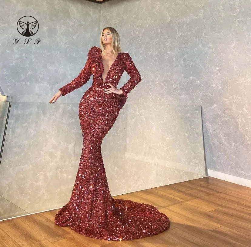 2022 Sexy Illussion O Neck Plunging V Beaded Lace Long Sleeve Mermaid Burgundy Evening Dresses