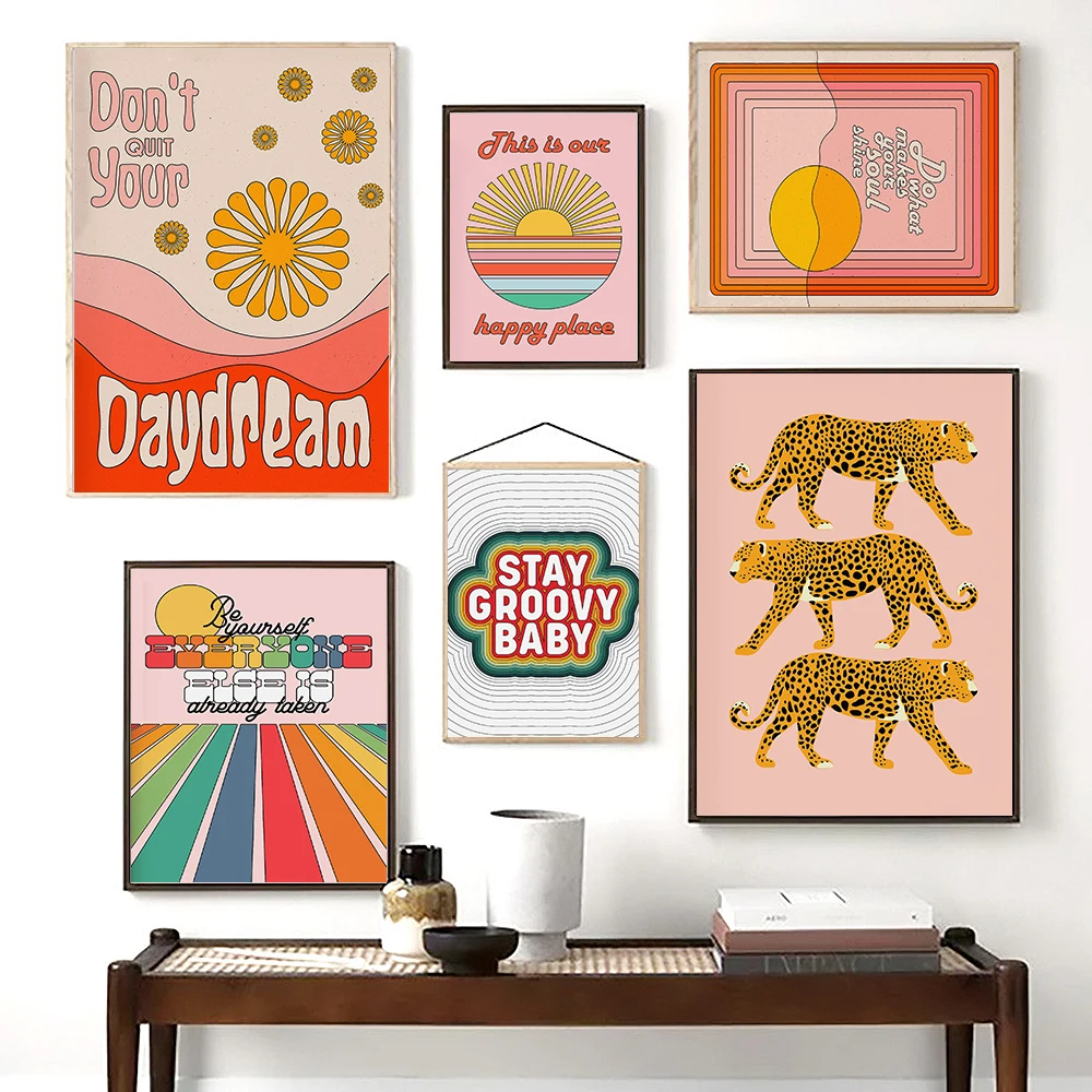 70s Poster Sun Quote Feminist Rainbow Nursery Wall Art Print Picture Boho Cheetah Canvas Painting Retro Kids Bed Room Home Decor