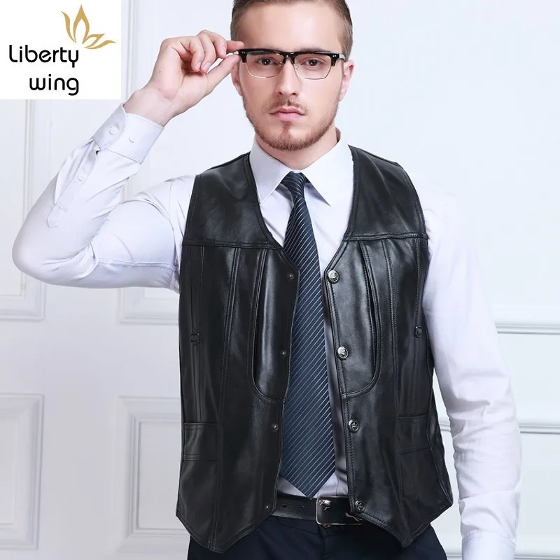 Business Men Genuine Leather Sleeveless Jacket Slim Fit Pockets Fleece Lining Pescar Vest Male Office Waistcoat Plus Size M-6XL