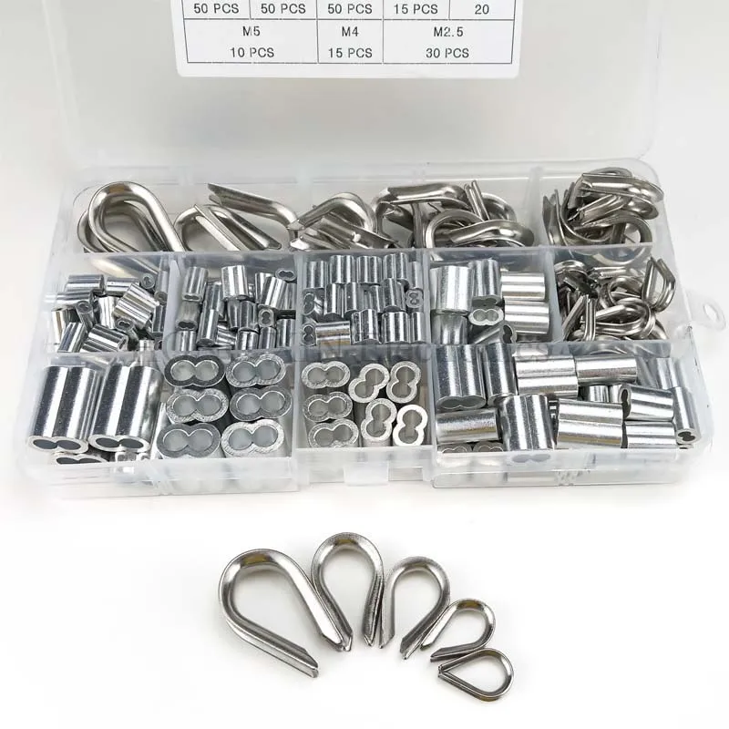 265Pcs 304 Stainless Steel Wire Rope Cable Thimbles Combo and Aluminum Crimping Loop Sleeve Assortment Kit