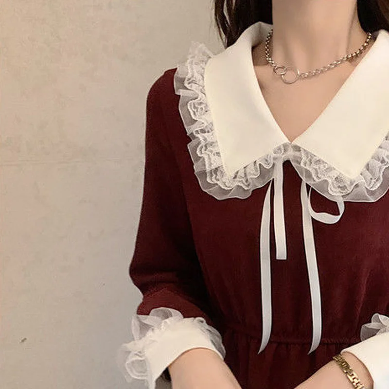 Long Sleeve Dress Women Peter Pan Collar Spring Patchwork French Retro  Elegant Tunic Mid-calf College All-match Vestidos Chic - AliExpress  200000345