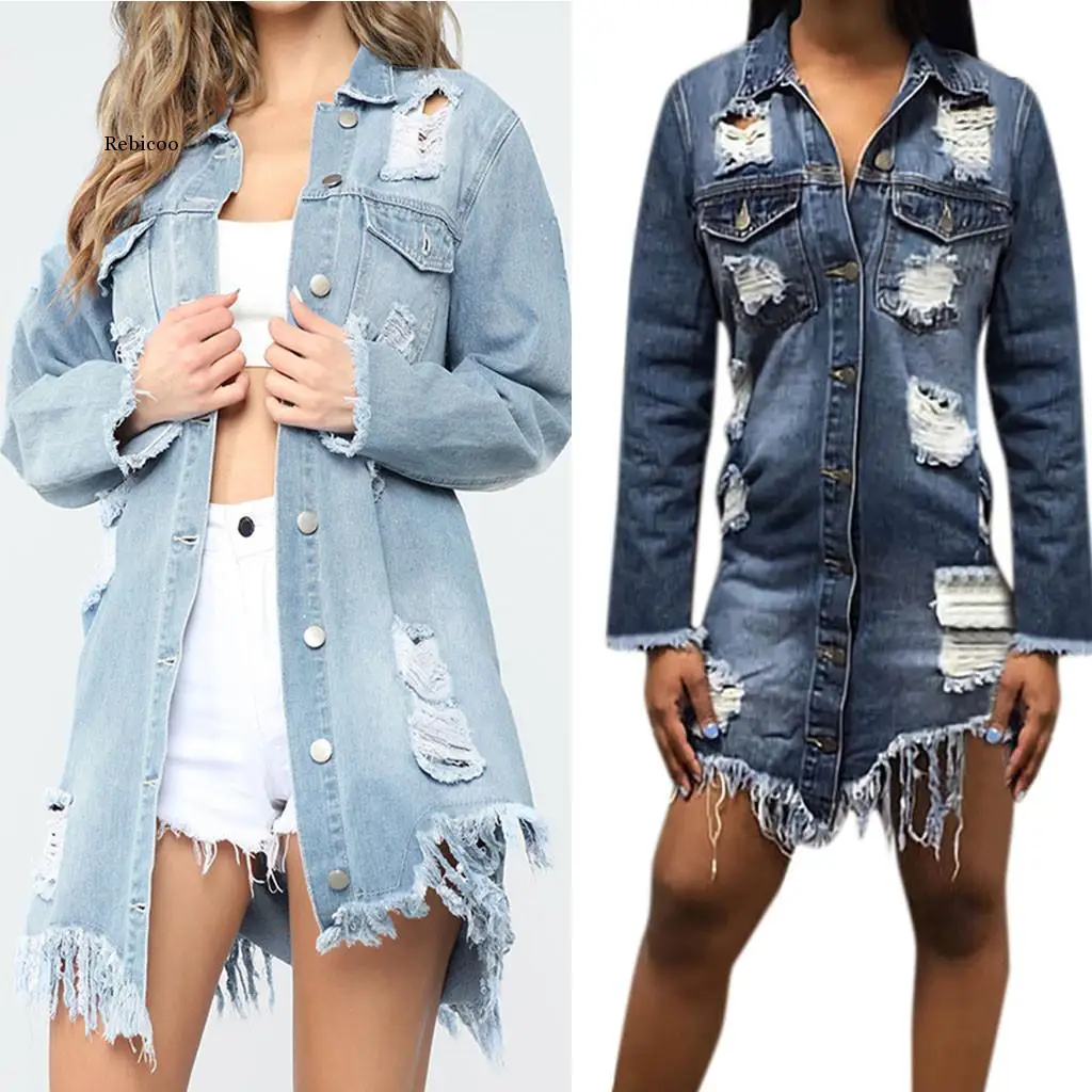 

Women Denim Coat Ripped Long Denim Coat Ladies Streetwear Casual Tearing Style Button Jacket Overcoat Women Basic Coat