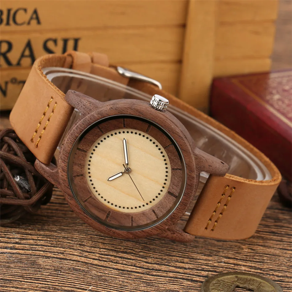 Coffee Walnut Wood Men\'s Watch Genuine Leather Wood Watches White/Red Simple Watch Dial Unisex Wooden Watches reloj masculino