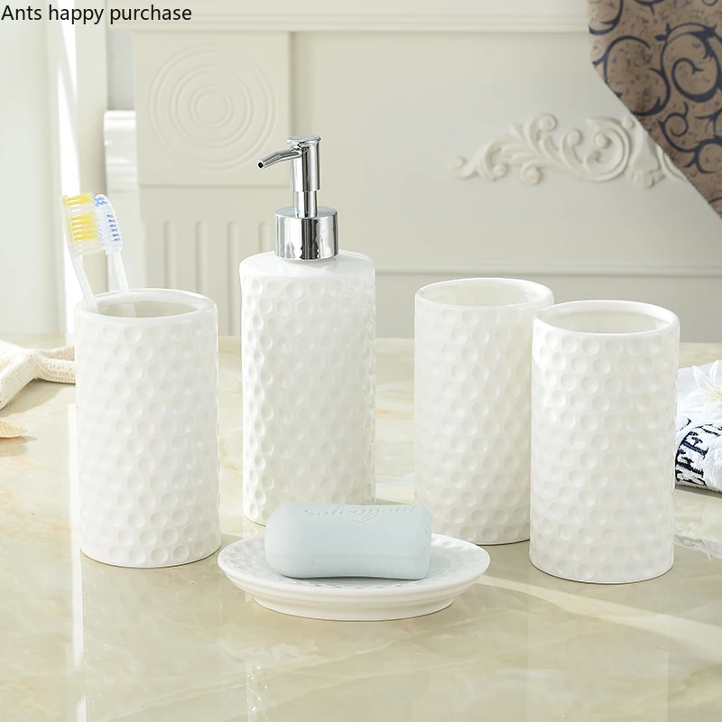 

Ceramic Bathroom Five-piece Set WhiteWash Set Toiletries Bathroom Supplies Mouth Cup Toothbrush Holder Lotion Bottle Soap Dish