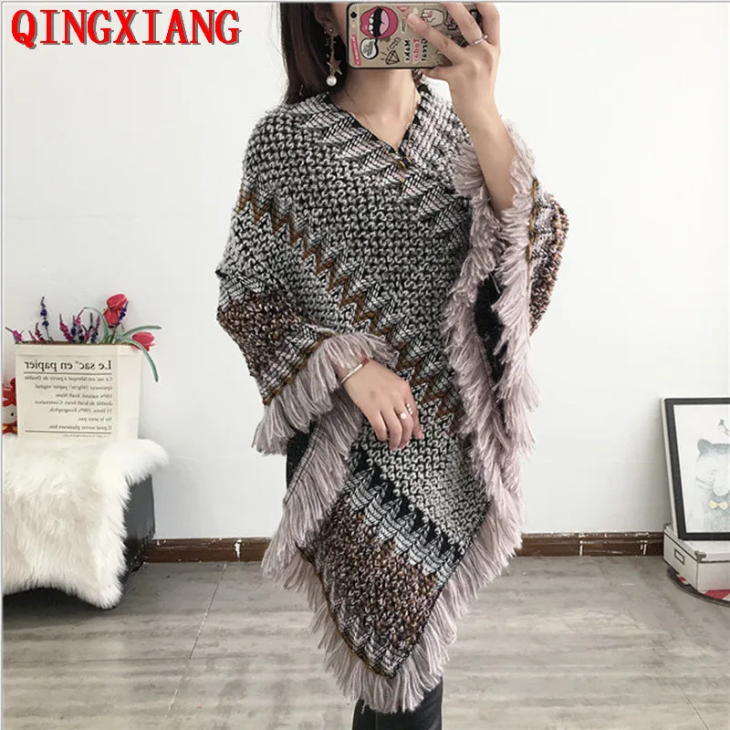 Women Autumn Striped Triangle Long Shawl Pullover Out Streetwear Knitted Tassel Oversize Poncho Knitwear V Neck Loose Sweater