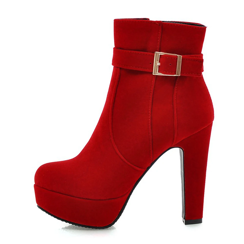 Meotina Female Boots Women Boots Winter Buckle Super High Heel Ankle Boots Zipper Platform Thick Heel Short Shoes Lady Red 33-43