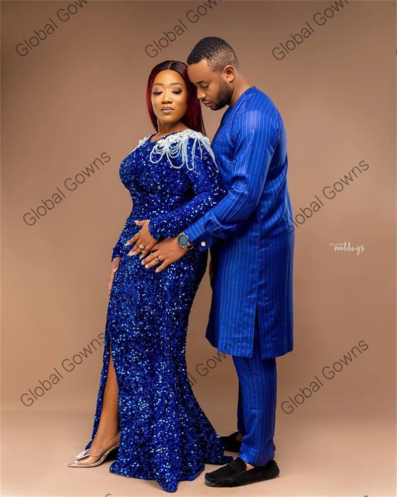 Aso Ebi African Royal Blue Sequined Evening Dresses For Black Girls Appliques Beaded Birthday Party Dress Side Slit Customized