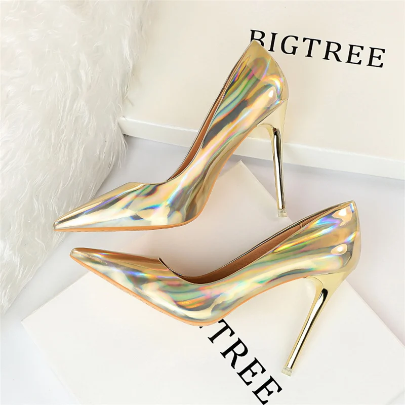 2023 New Fashion Women Designer Blue Green High Heels Pumps Patent Leather Stripper Stiletto Wedding Holographic Shoes Plus Size