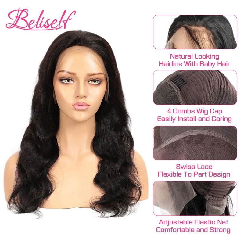 Rambut Beliself Wig Gelombang Tubuh Bagian T Brasil Wig Bagian Dalam 5 Inci Wig Renda 5X5X1 Wig Rambut Manusia Remy untuk Wanita Kulit Hitam