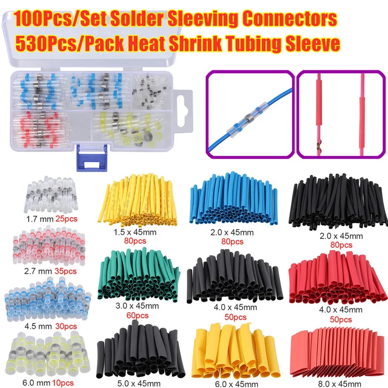 

630PCS Mixed Seal Heat Shrink Insulated Soldering Butt Treminals Electrical Wire Connectors Kit & Tubing Sleeving Assortment