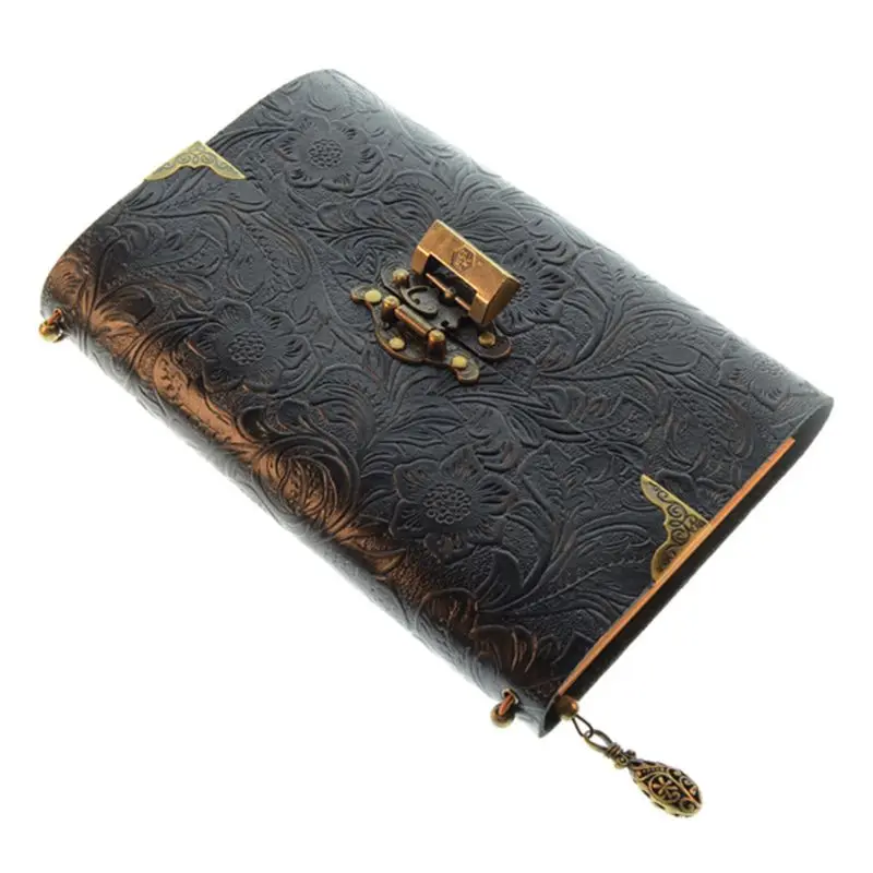 Embossed Pattern Soft Leather Travel Notebook with lock Key Diary Notepad Kraft Q81F