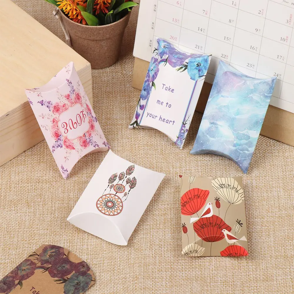 10Pcs Mini Pillow Box Chocolate Candy Cookie Box Birthday Wedding Party Present Paper Box Leaf Pattern Small Business Gift Pouch