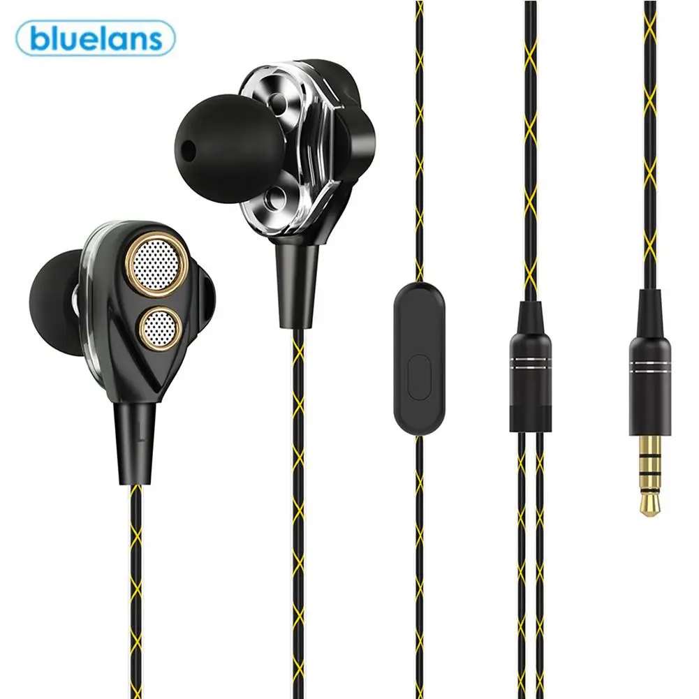 2020 New 4 Units Speakers Dual Cores Dynamic Big Sound Unit In-Ear Wired Earphone 3D Stereo Music Headset Shield Noise