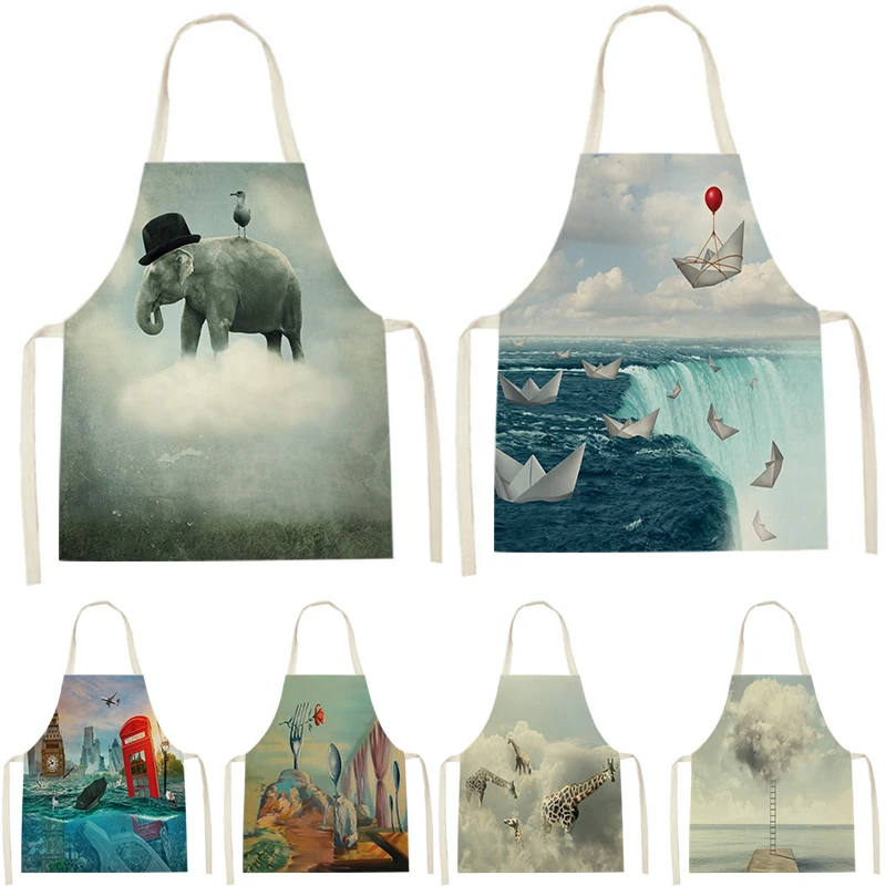 

1Pcs Nature Ocean Scenery Animal Print Apron Men'S And Women'S Kitchen Cooking Baking Accessories Waist Bib Antifouling Pinafore