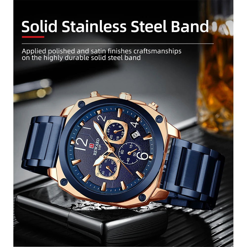 New Reward Men Watch Fashion Business Quartz Wristwatch Solid Stainless Steel Watchband Wrist Watch Gift for Husband Boy Friends