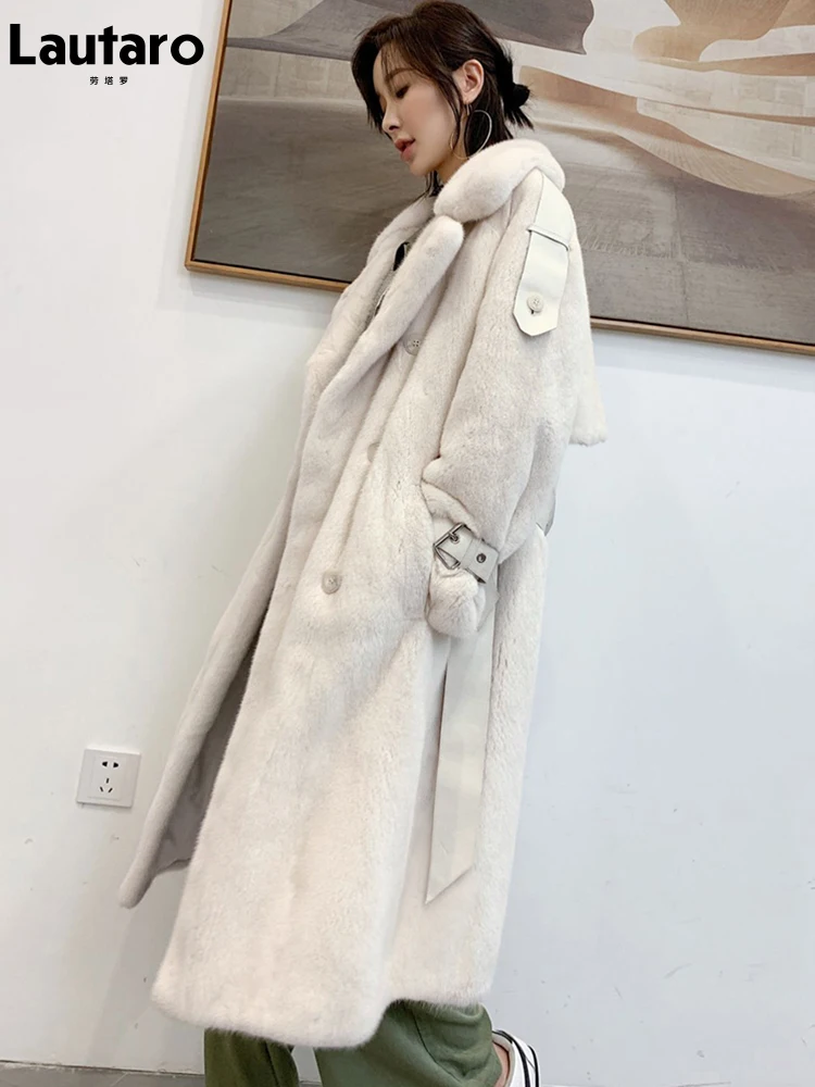 Lautaro Winter Long White Thick Warm Soft Fluffy Faux Mink Fur Trench Coat for Women Double Breasted British Style Fashion 2021