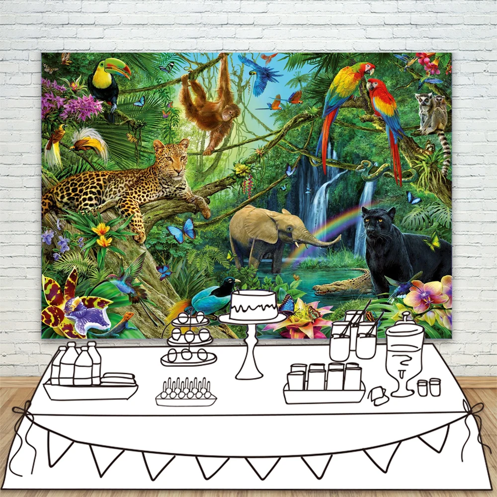 

Baby Shower Backdrop Jungle Zoo Animals Happy Birthday Background Kids Wild One Blue Butterfly with Rainbow Safari Backdrop