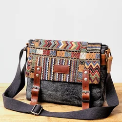 Retro geometric pattern embroidery crossbody bag canvas with leather shoulder bag