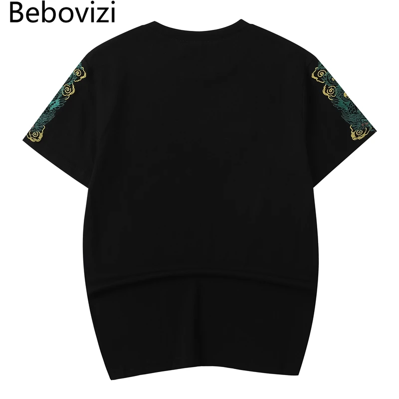 Bebovizi Chinese Style Green Dragon Embroidery Tshirt Men Streetwear Harajuku T-Shirt Summer Japan Black Short Sleeve T Shirt