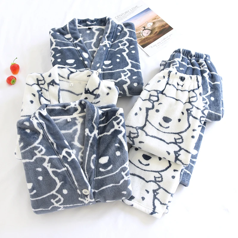 Winter Flannel Couple Pajamas Sets Thick Warm Home Clothing  Sleepwear Plus Velvet Female Nightgown Suit New Pyjama Femme Pijama