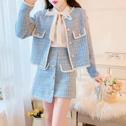 Elegant Blue/Black Tweed Suits For Women High Quality Pearl Button Embroidery Short Coat Irregular Skirts Two Piece Crop Top Set